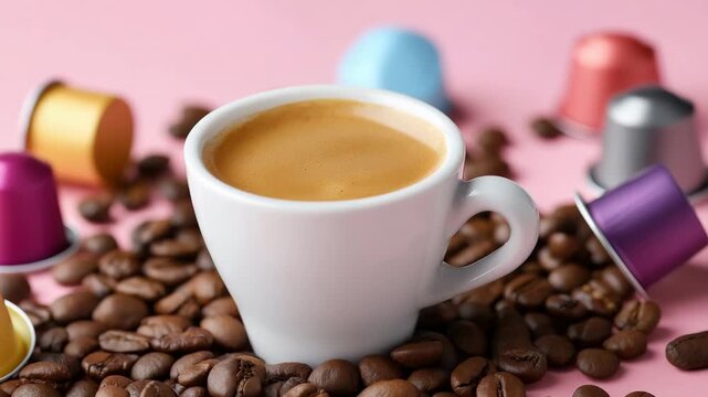 Steaming espresso cup among vibrant coffee pods on rustic bean background