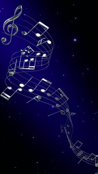 silver metal 3d musical notes and shiny glitter particles animation , music notas on blue song play and concert vertical social media motion background	