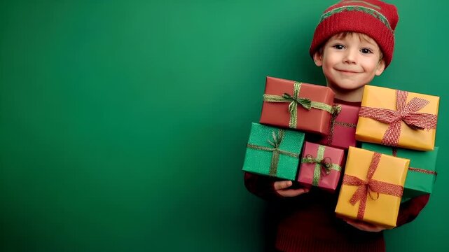 Winter holiday celebration concept. Christmas New Year. A young boy in a festive red hat and sweater holds a stack of wrapped presents against a green backdrop.