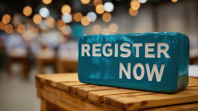 Teal Register Now Sign on Wooden Table