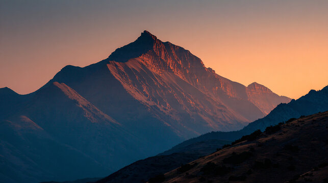 the silhouette of mount timpanogos against the backdrop of an orange sky at dusk, with its peak illuminated by the last rays of sunlight. 