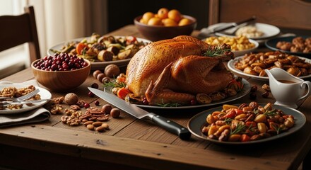 A delicious roasted turkey dinner on a wooden table