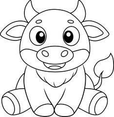 Cute cartoon bull cub with bold outlines, created as a fun and simple coloring page for kids.