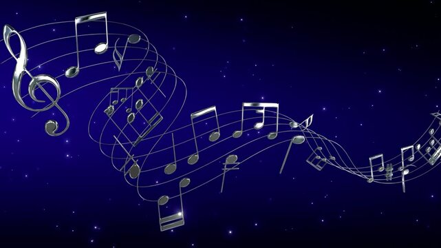 silver metal 3d musical notes and shiny glitter particles animation , music notas on blue song play and concert social media motion background	