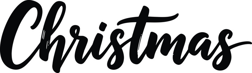 Elegant black script text of the word Christmas on a white background Keywords: Christmas, text, word, holiday, season, winter, celebration, festive, greeting, calligraphy, script, handwritten