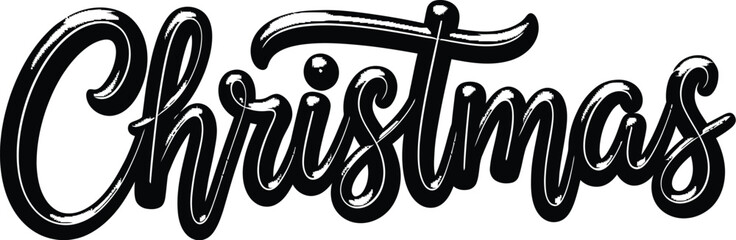 Glossy black Christmas text with a white outline on a white background lettering calligraphy