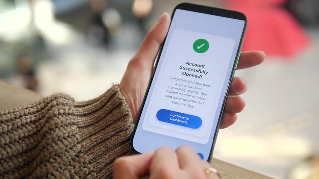 Closeup of a womans hands in a shopping mall holding a smartphone displaying a successful bank account opening confirmation. This positive outcome represents accessible financial services,.