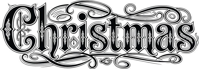 Ornate Black Christmas Typography with Flourishes on White Background holiday festive
