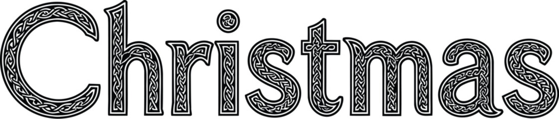 Ornate Celtic Knotwork Christmas Text On White Background Keywords: Christmas, text, word, lettering, holiday, season, winter, celebration, festive, greeting, typography, ornate, decorative