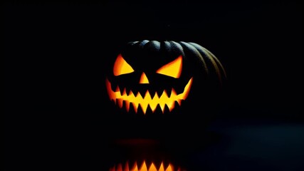 Halloween holiday promotion theme. Spooky scaring. A closeup of a carved pumpkin with a menacing expression, set against a dark background. The pumpkin is illuminated with a bright orange glow.