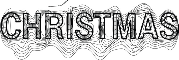 Wavy, distorted black and white Christmas text with flowing line art effect Keywords: Christmas, text, typography, holiday, festive, celebration, winter, greeting, wavy, distorted, lettering, word