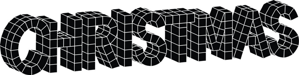 3D black and white wireframe rendering of the word CHRISTMAS with a blocky, pixelated effect