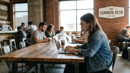 Modern co-working space with people working on laptops and coffee cups