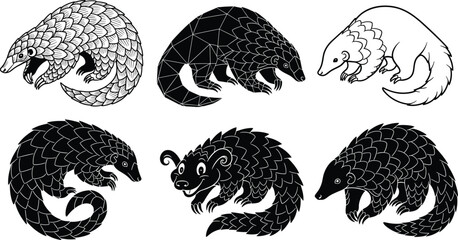 Stylized pangolin illustrations, curled, walking, cartoon, geometric, vector set, scale texture, artistic styles, wildlife design, animal poses