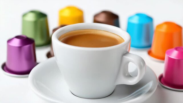 Steaming espresso cup amidst colorful coffee capsules panorama