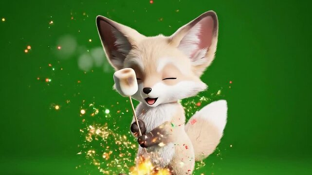 Whimsical 3D Render Of A Cute Fennec Fox Character Holding A Cup Of Hot Beverage With Sparkles And Steam Against A Vibrant Green Screen Background Detailed