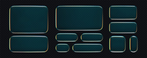 3D liquid glass button and frame set with transparent holographic glow, isolated on dark background. Futuristic UI, UX elements for digital apps, web design or game interfaces. 3D tech glass vector