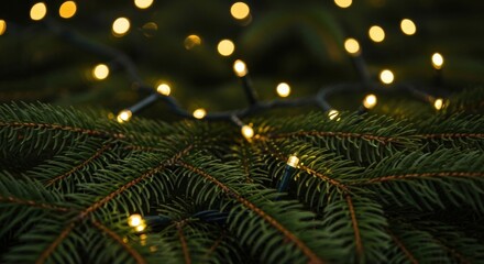 Close up of glowing christmas lights on pine needles