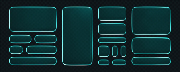 3D blue liquid glass buttons with a transparent neon futuristic effect, isolated on dark background. Cyan liquid glass frame, UI UX elements for phone app or game interfaces. 3D tech digital vector