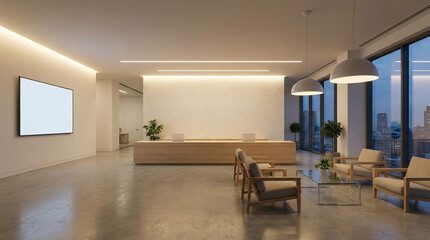Modern office reception area with minimalist design and city view