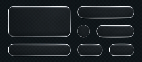 3D liquid glass button and frame set with transparent silver shine, isolated on dark background. Futuristic UI, UX elements for digital apps, web design or game interfaces. 3D tech glass vector