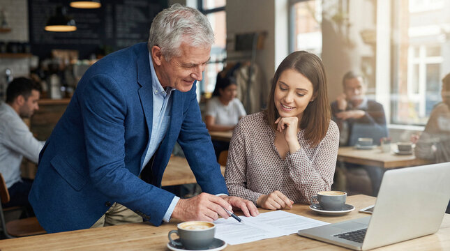 Business meeting in cafe: discussing documents and financial plans - Powered by Adobe