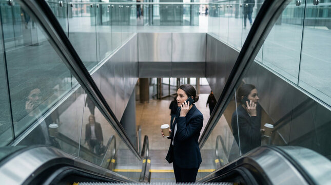 Businesswoman on escalator talking on phone and holding coffee - Powered by Adobe