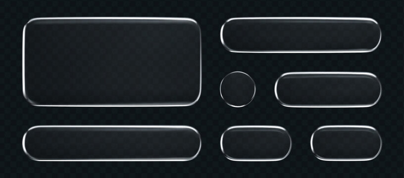 3D liquid glass button and frame set with transparent silver shine, isolated on dark background. Futuristic UI, UX elements for digital apps, web design or game interfaces. 3D tech glass vector