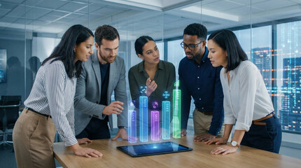 Business team discussing data analysis with holographic projections