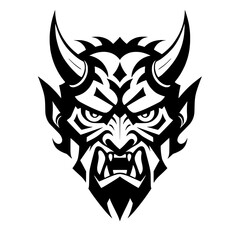 Devil or Demon Head Illustration, Black Vector in Tribal Style for Logo, Mascot, or Tattoo.