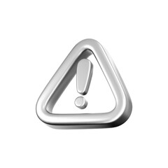 3D silver warning icon with chrome exclamation mark. Symbol of hacker attack, AI security, data protection, spam, privacy, cybersecurity and digital risk alert for UI design. 3D vector tech icon
