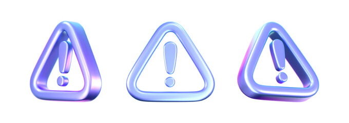 3D holographic alert icon with neon glow isolated on white bg. Render of triangle sign cyber risk, scam, fraud, hacker attack. Tech warning mark for caution, danger, exclamation and hazard. 3D vector