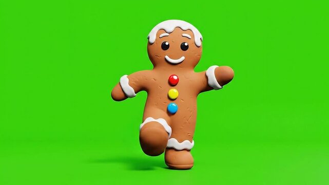 Whimsical 3D Gingerbread Man Character Dancing Joyfully Isolated on Vibrant Green Screen Background with Festive Icing and Colorful Candy Buttons Symbolizing