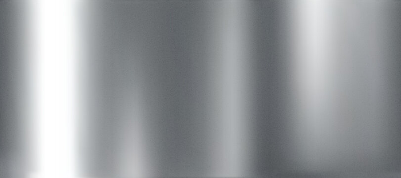 3D silver metal gradient background with chrome foil and grunge noise gradation texture. Glossy stainless steel surface with mirror reflection and smooth sheen. Realistic shiny vector bg