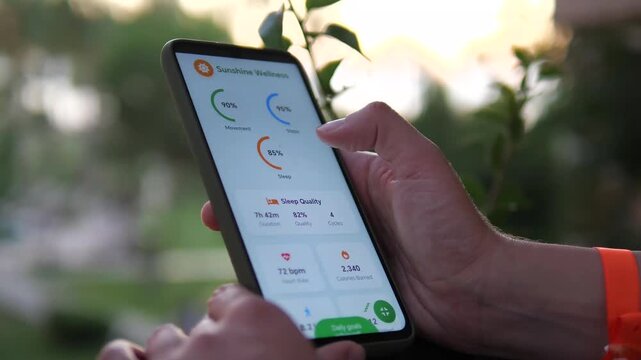 A person takes a reflective moment outdoors to delve into comprehensive health statistics on her smartphone, opening specific tabs to understand different aspects of her well-being. 