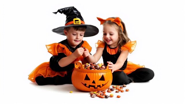 Halloween holiday promotion theme. Spooky scaring. Halloweenthemed childrens costumes and propsHalloween costumes for children with pumpkin and candy bowl. - Powered by Adobe