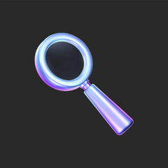 Futuristic 3D magnifying glass icon in holographic glass style. Shiny gradient search symbol with iridescent glow, perfect for UI, digital design, education or technology interface. 3d neon vector