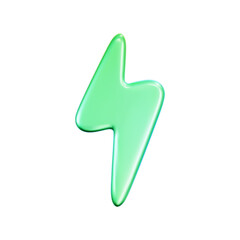 3D neon chrome green lightning bolt icon, electric thunderbolt eco energy symbol. Renewable power, green tech, sustainability, charging, clean energy sign. Realistic vector render on white background