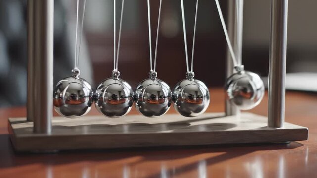 Newton's Cradle Balls Swinging on Wooden Desk, Concept for Physics and Momentum