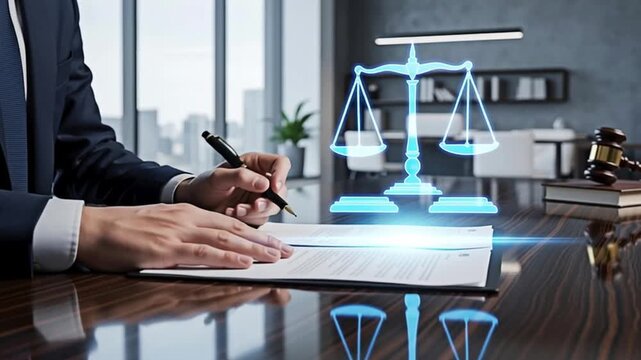 Attorney signing the legal document for the concept of law and justice.