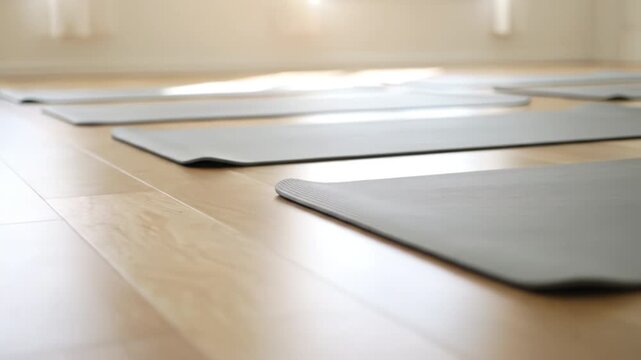 Yoga mat on wooden floor in bright studio with natural light creating peaceful clean space for exercise and meditation practice supporting fitness and wellness goals indoors
