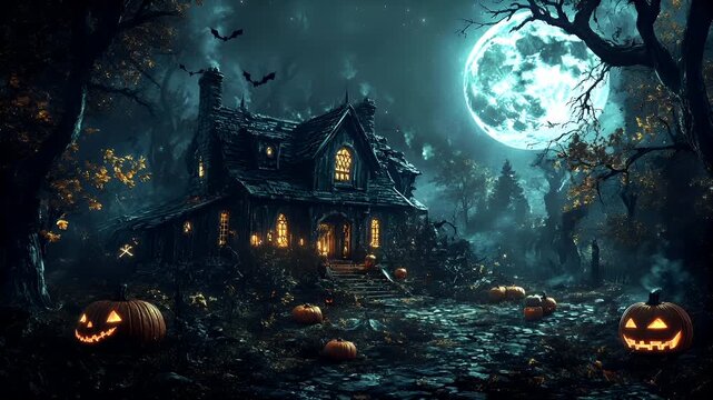 Halloween holiday promotion theme. Spooky scaring. Halloweenthemed digital artwork featuring a haunted house in a misty forest setting with a full moon in the background.