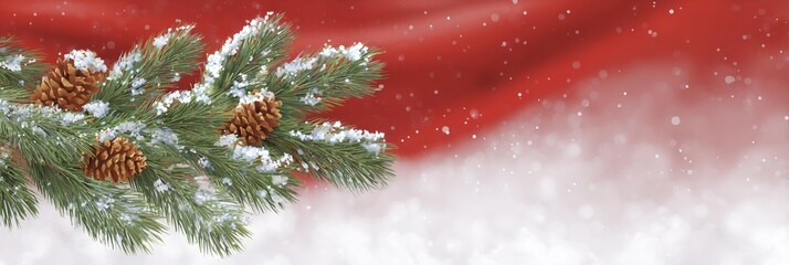Red background with snowflakes and pine branches
