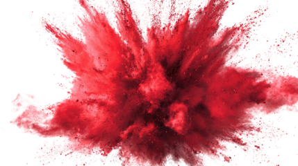 Vibrant red color explosion abstract powder burst with dynamic motion texture for festival, energy, design isolated on white background
