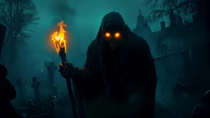 Halloween holiday promotion theme. Spooky scaring. A dark, atmospheric, and eerie scene featuring a grim reaper holding a flaming torch. The reaper is cloaked in dark.