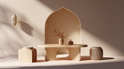 A minimalist interior scene with a stylized arabesque arch niche and a light wood podium/table. Features sharp shadows from a window and hanging lantern, with beige tones for high-end product display.