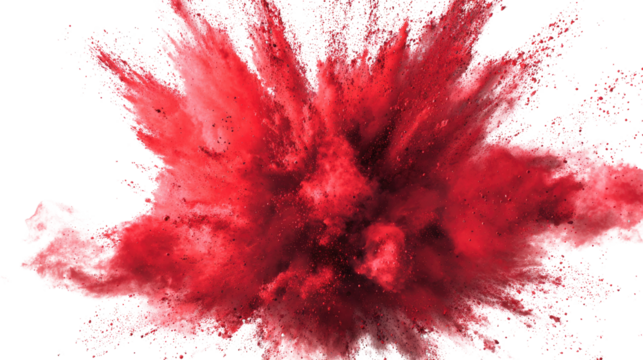 Vibrant red color explosion abstract powder burst with dynamic motion texture for festival, energy, design isolated on white background
