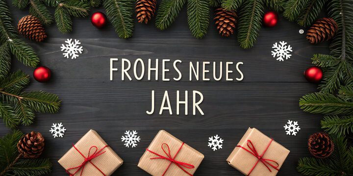 Frohes Neues Jahr Christmas Decoration with Gifts and Fir Branches
