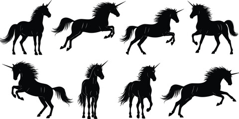 Collection of fantasy unicorn silhouettes, black vector illustration set showing mythical horses in various poses for magic, fairy tale, and tattoo graphic design