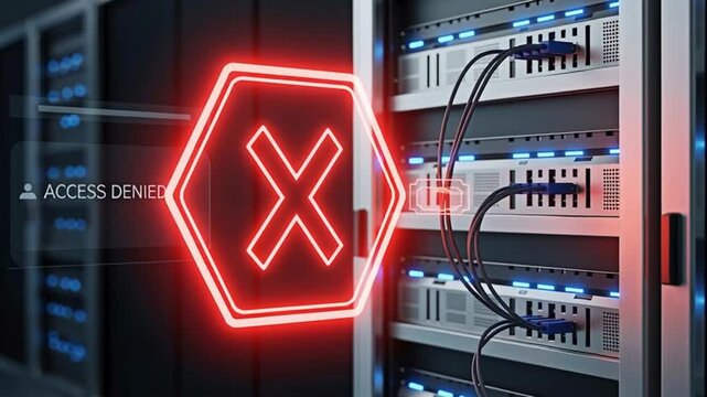 Network server room showing access denied error sign, symbolizing internet and technology security issues.